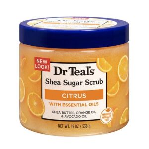 Dr Teal’s Shea Sugar Body Scrub is formulated with Shea Butter, Sugar, and Essential Oil to exfoliate and smooth skin. Citrus essential oil helps uplift your mood, while vitamin C, shea butter, orange oil and coconut oil leave the skin moisturized and glowing.