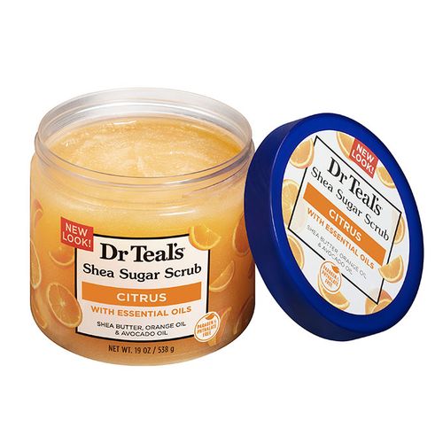 Dr Teal’s Shea Sugar Body Scrub is formulated with Shea Butter, Sugar, and Essential Oil to exfoliate and smooth skin. Citrus essential oil helps uplift your mood, while vitamin C, shea butter, orange oil and coconut oil leave the skin moisturized and glowing.